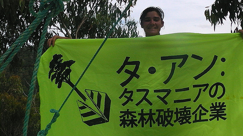 A Green activists holds a banner to warn Ta Ann's Japanese wood buyers